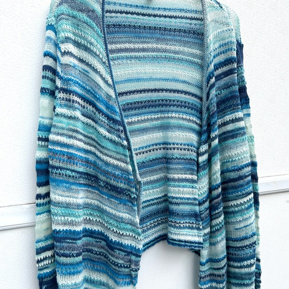 J Jill open front cardigan sweater large linen cotton blend blue striped knit - Picture 6 of 13